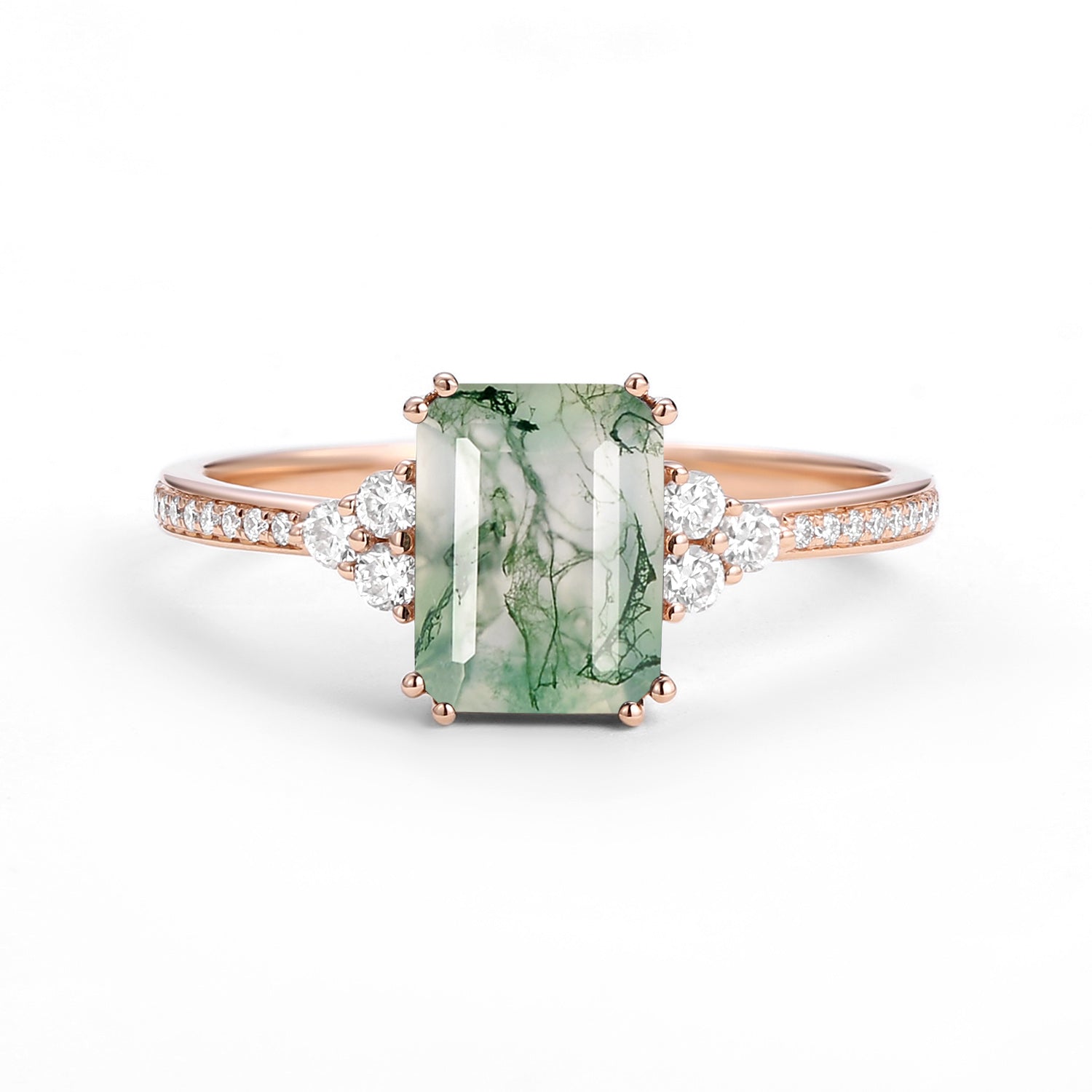 Classic Emerald Cut Moss Agate & Moissanite Cluster Engagement Ring