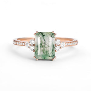 Classic Emerald Cut Moss Agate & Moissanite Cluster Engagement Ring