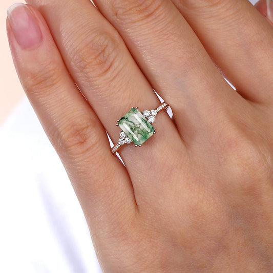 Classic Emerald Cut Moss Agate & Moissanite Cluster Engagement Ring