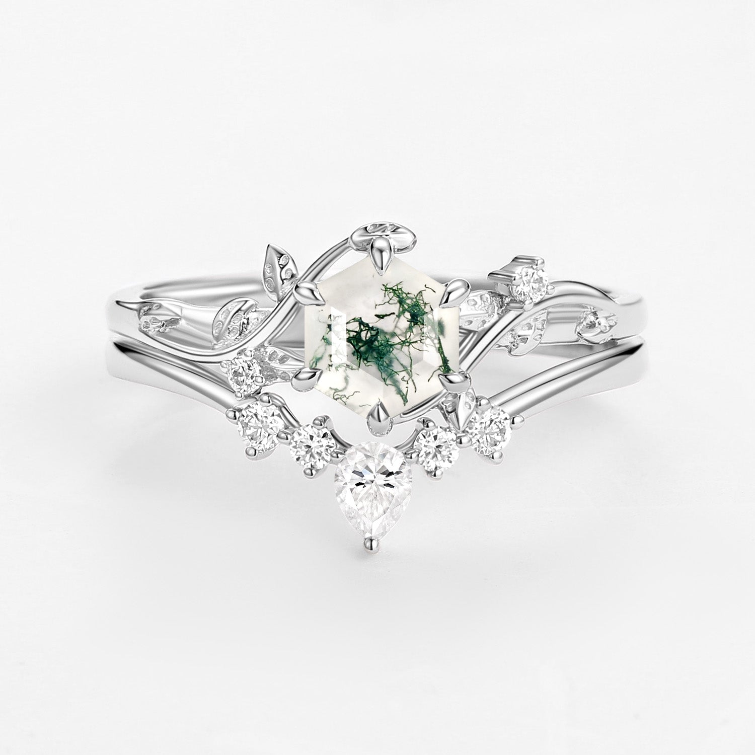 Perfect Hexagon Cut Moss Agate Engagement Ring Set 2pcs - Willow