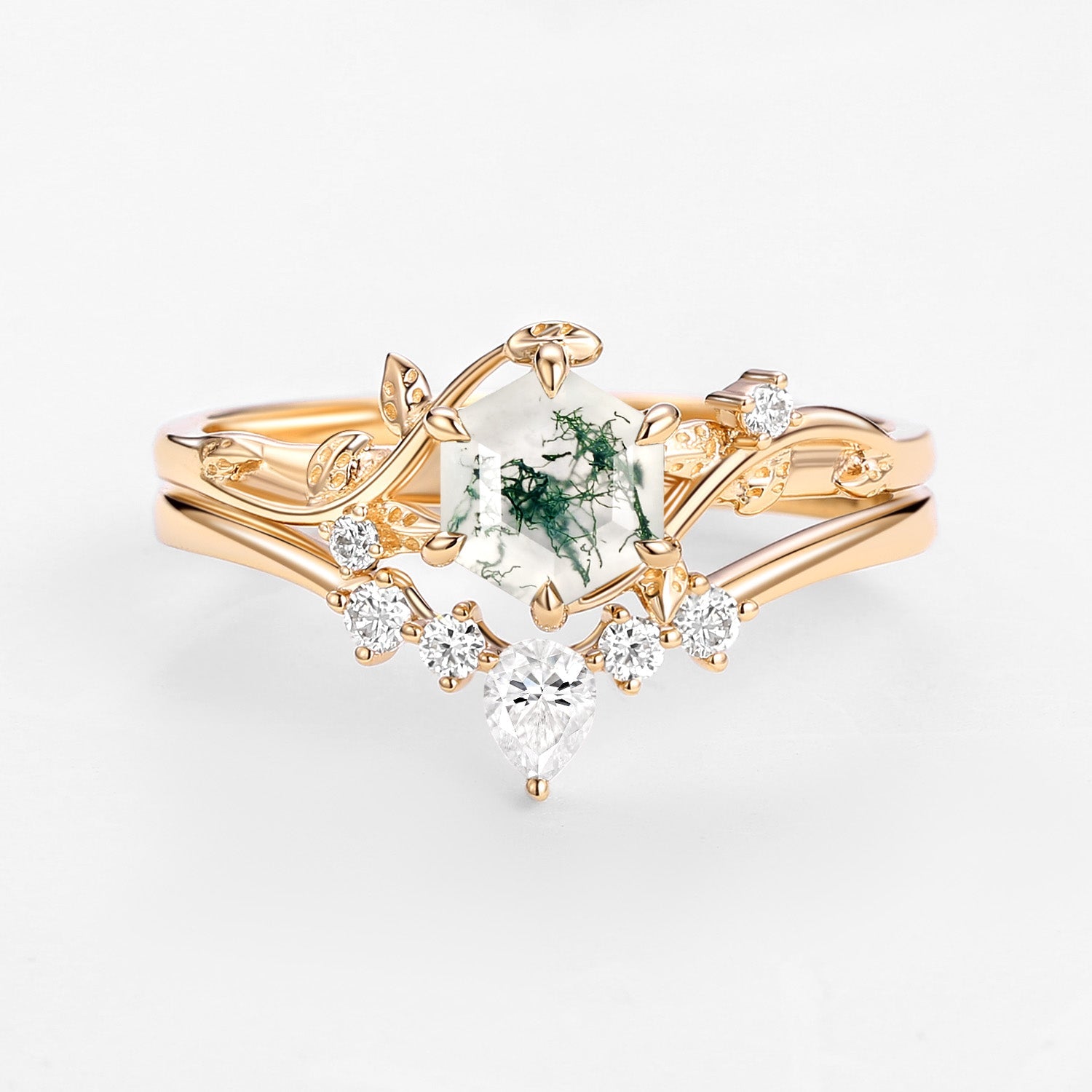 Perfect Hexagon Cut Moss Agate Engagement Ring Set 2pcs - Willow