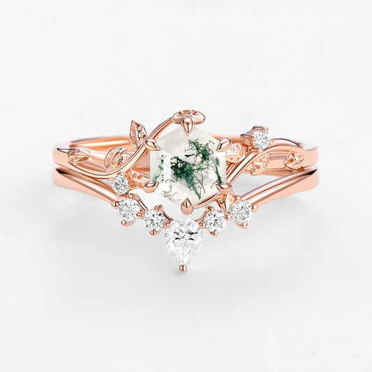 Perfect Hexagon Cut Moss Agate Engagement Ring Set 2pcs - Willow