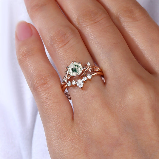 Perfect Hexagon Cut Moss Agate Engagement Ring Set 2pcs - Willow