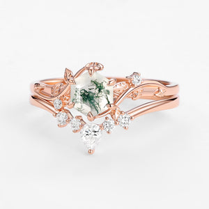 Perfect Hexagon Cut Moss Agate Engagement Ring Set 2pcs - Willow