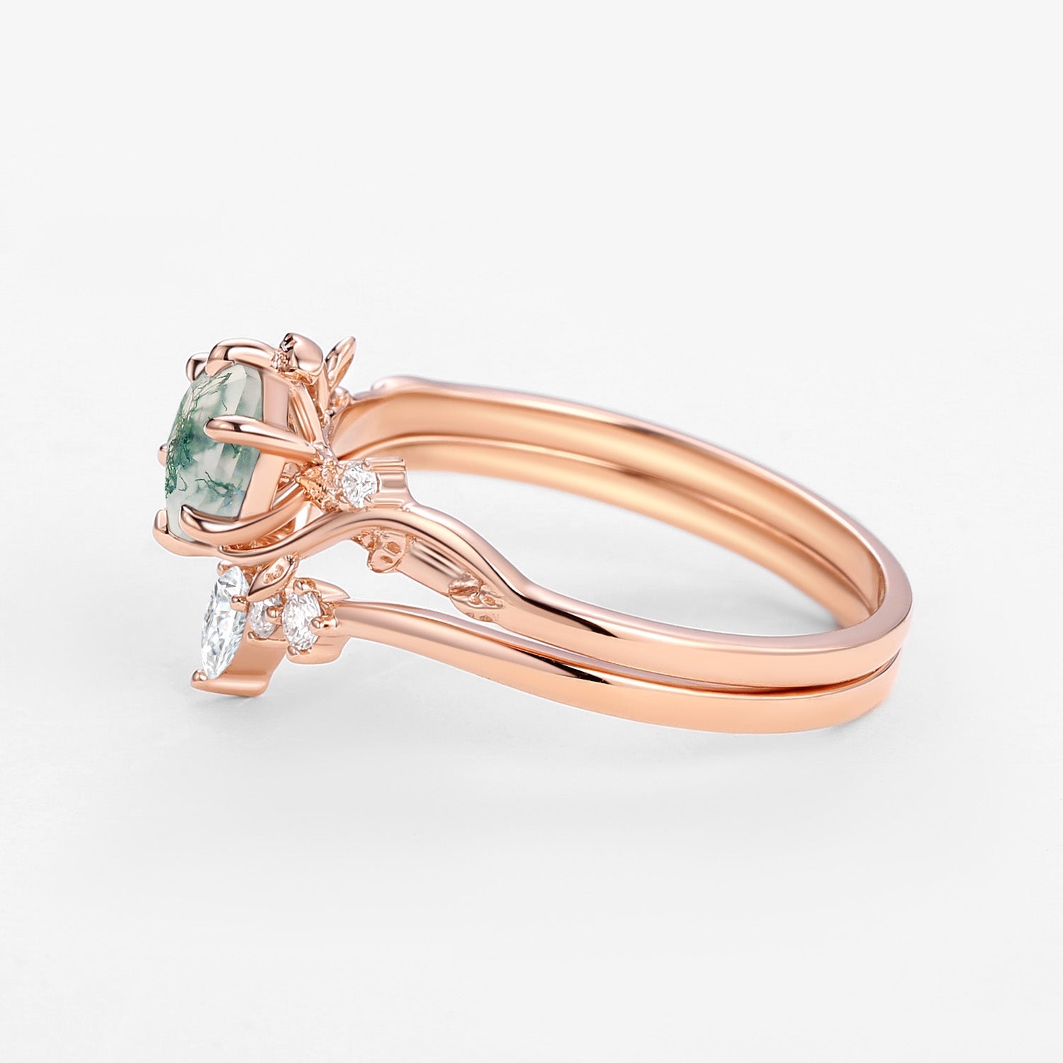 Perfect Hexagon Cut Moss Agate Engagement Ring Set 2pcs - Willow