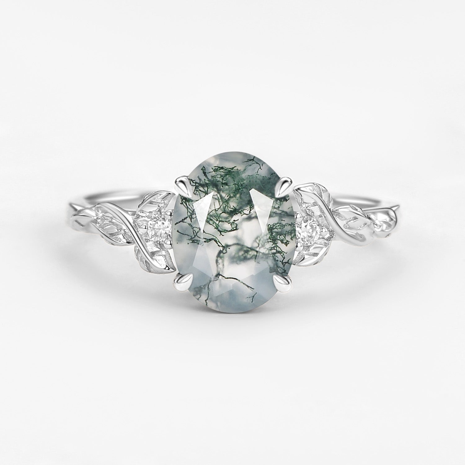 Oval Shaped Moss Agate Leafy Wedding Engagement Ring - Clover