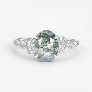 Oval Shaped Moss Agate Leafy Wedding Engagement Ring - Clover