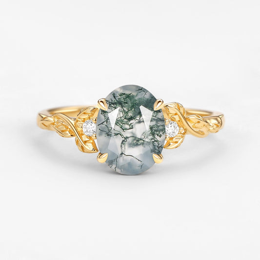 Oval Shaped Moss Agate Leafy Wedding Engagement Ring - Clover
