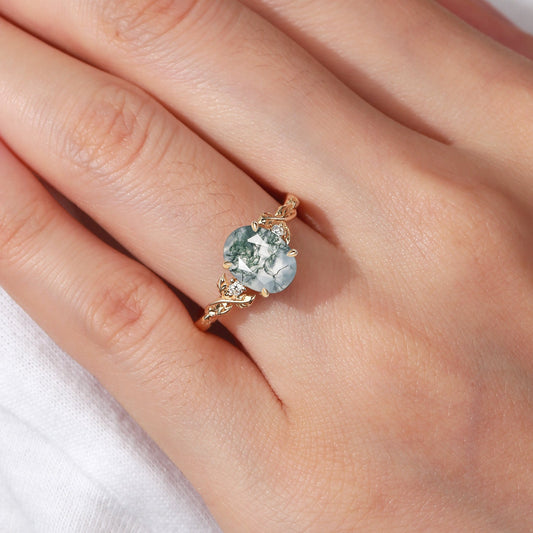 Oval Shaped Moss Agate Leafy Wedding Engagement Ring - Clover