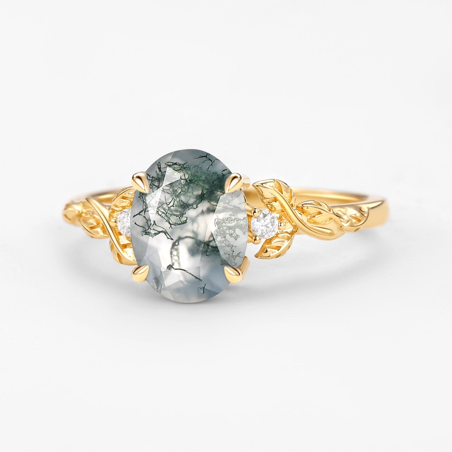 Oval Shaped Moss Agate Leafy Wedding Engagement Ring - Clover