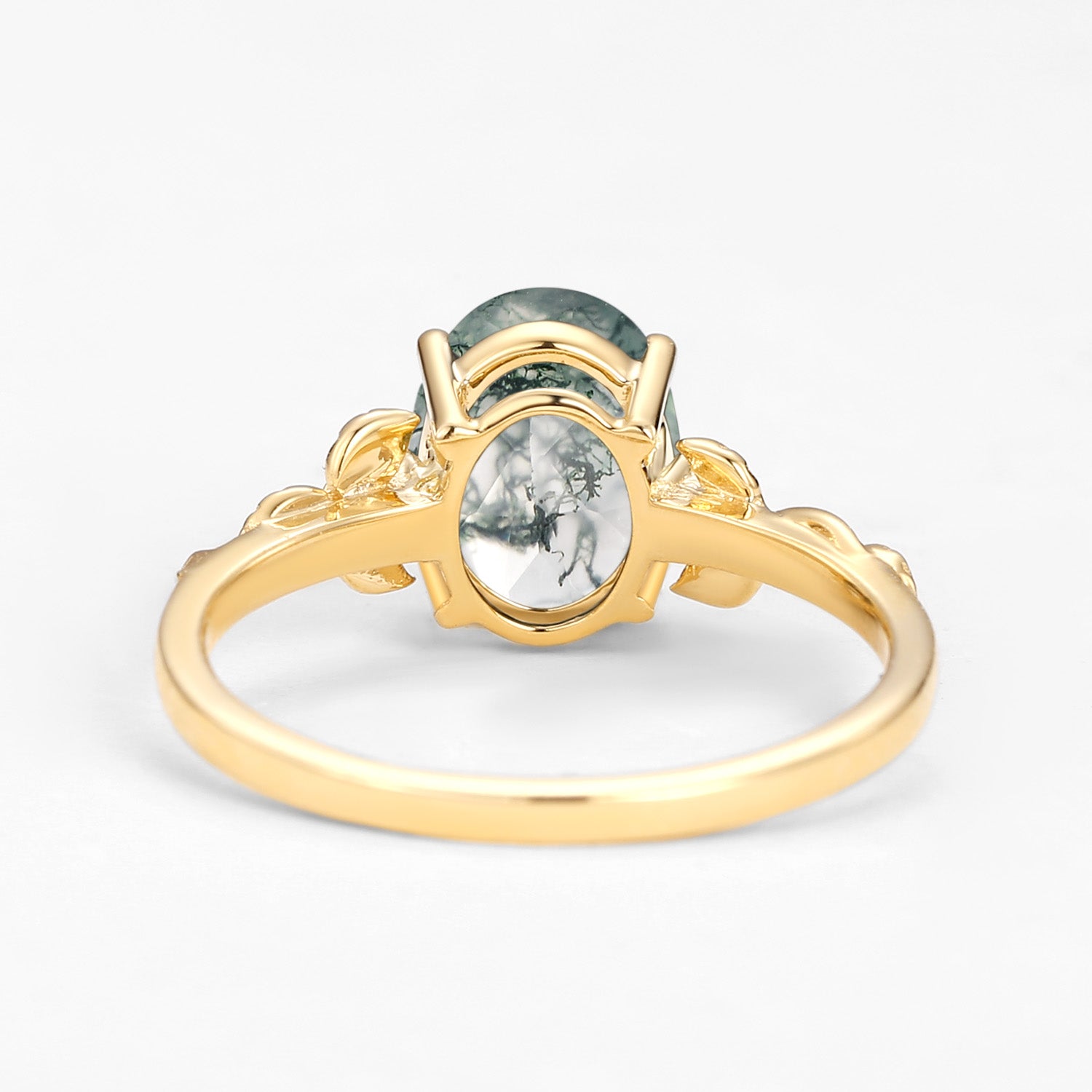 Oval Shaped Moss Agate Leafy Wedding Engagement Ring - Clover