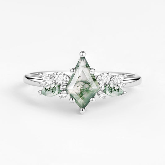 Nature Inspired Kite Cut Moss Agate Engagement Ring