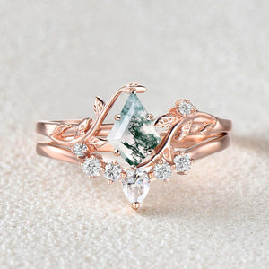 Nature Inspired - Unique Kite Cut Moss Agate Leafy Ring & Necklace & Earrings Sets 5PCS - Willow Jewelry Sets