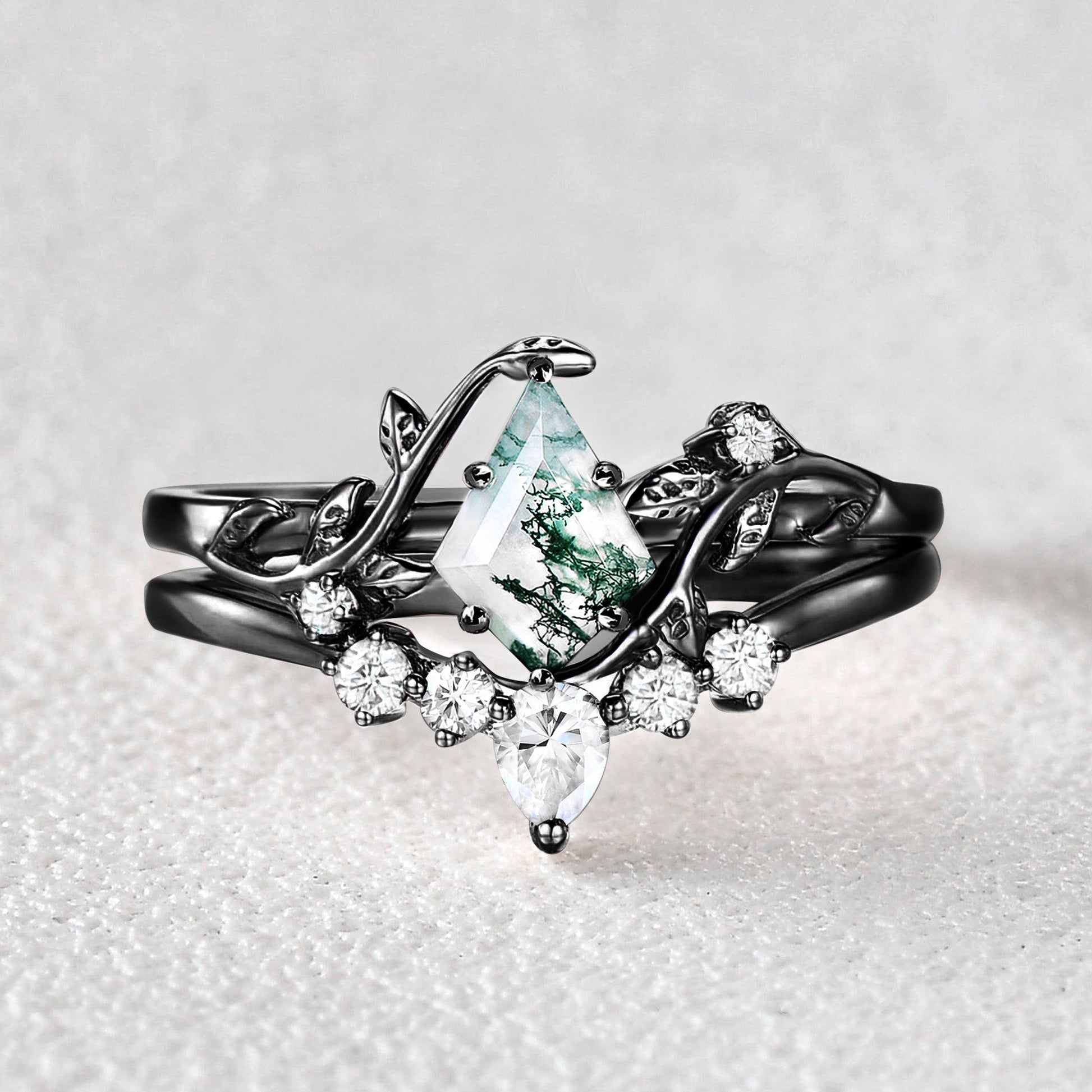 Nature Inspired - Unique Kite Cut Moss Agate Leafy Bridal Ring Sets 2pcs - Willow