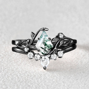 Black Gold Kite Cut Moss Agate Leafy Bridal Ring Sets 2pcs - Willow