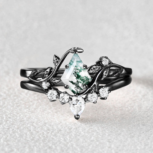 Willow Black Gold Kite Cut Moss Agate Leafy Bridal Ring Sets 2pcs