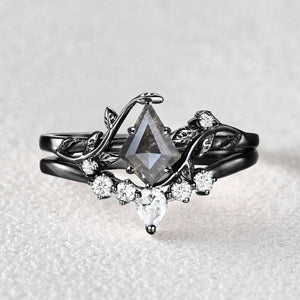 Black Gold Kite Cut Moss Agate Leafy Bridal Ring Sets 2pcs - Willow