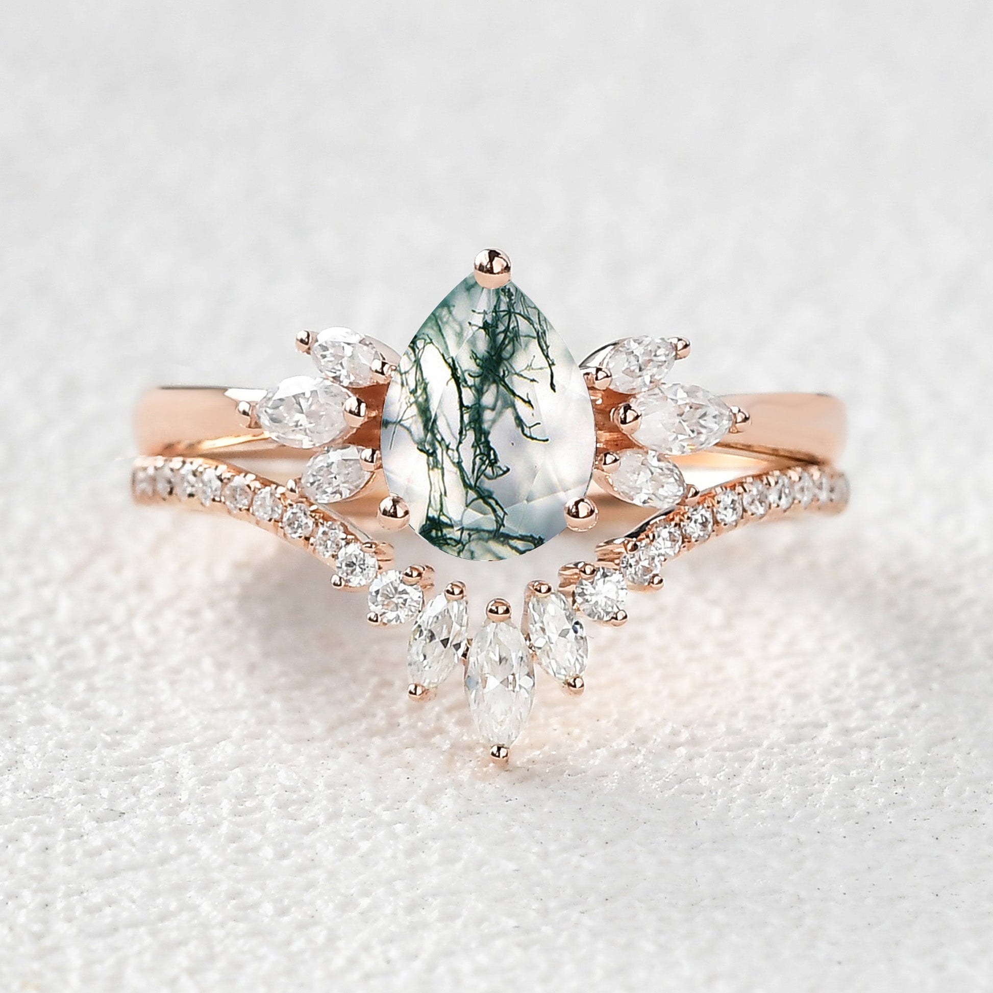 Fairy Ring - 1.5ct Pear Shaped Moss Agate Butterfly Cluster Ring Set 2pcs
