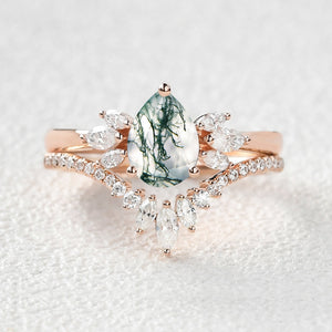 Fairy Ring - 1.5ct Pear Shaped Moss Agate Butterfly Cluster Ring Set 2pcs