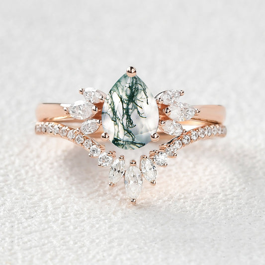 Fairy Ring - 1.5ct Pear Shaped Moss Agate Butterfly Cluster Ring Set 2pcs
