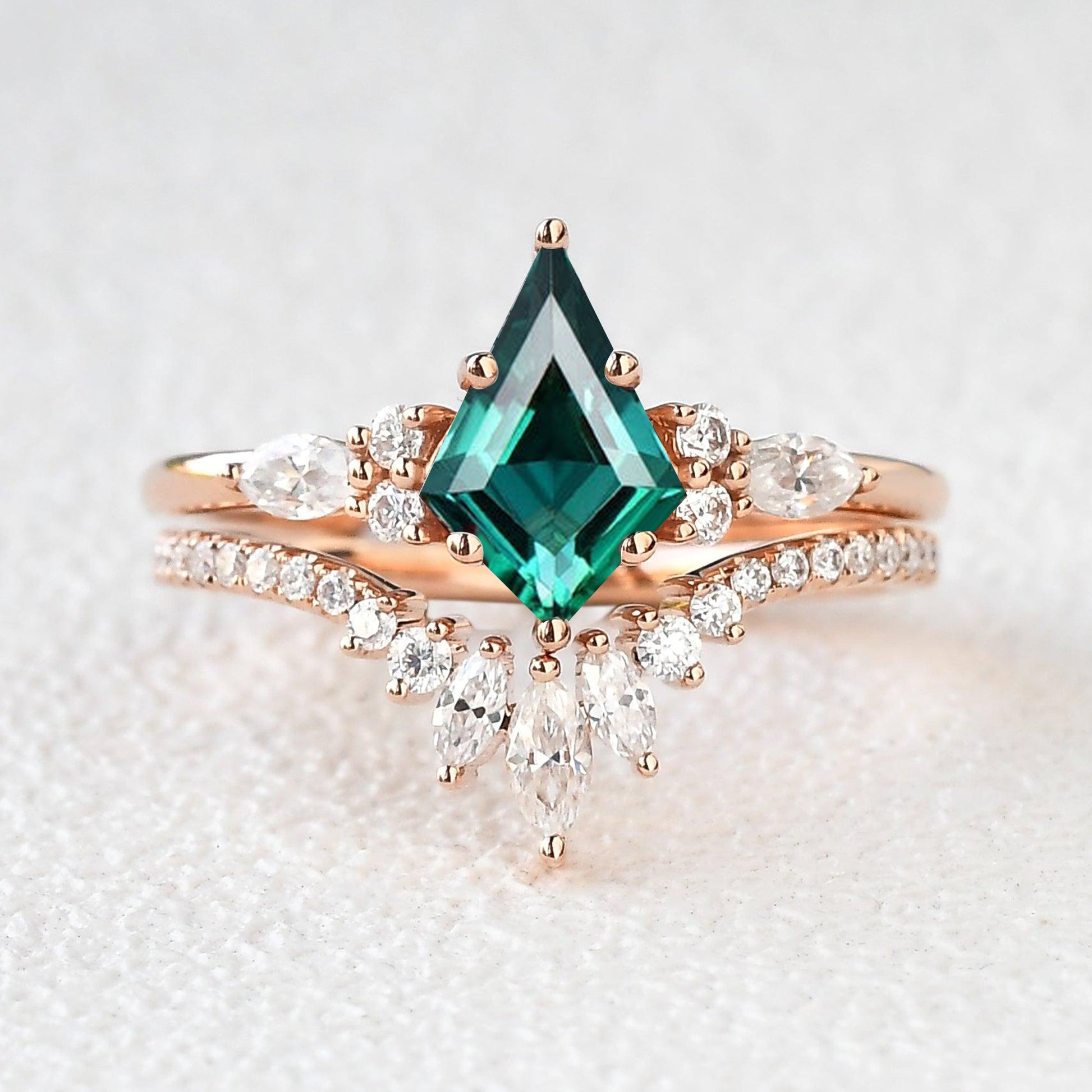 Kite Cut Moss Agate Three Stone Engagement Ring Set 2pcs - Rebecca