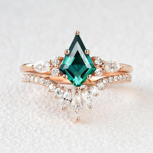 Kite Cut Moss Agate Three Stone Engagement Ring Set 2pcs - Rebecca