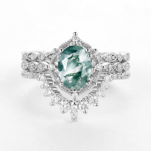 1.5ct Moss Agate Signature Vintage White Gold Ring Set 3pcs