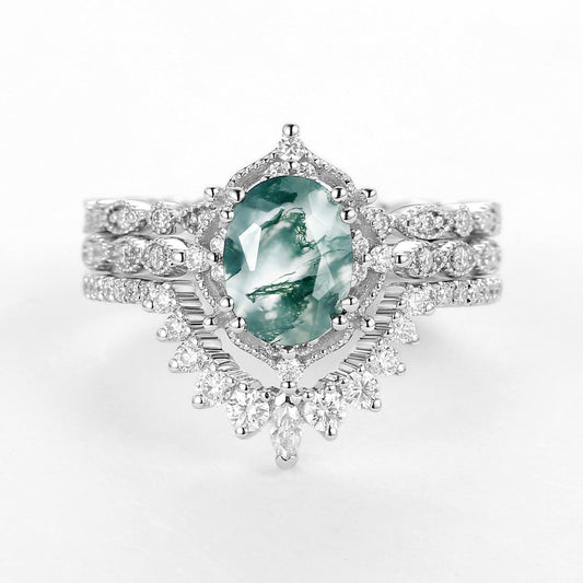 1.5ct Moss Agate Signature Vintage White Gold Ring Set 3pcs