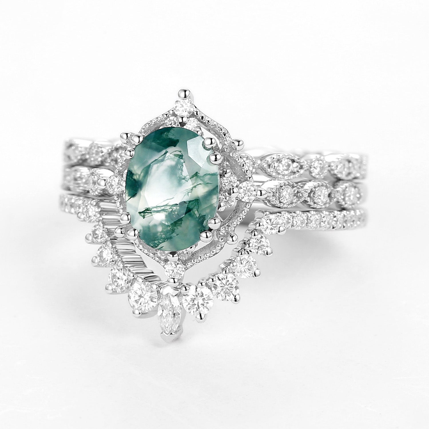 1.5ct Moss Agate Signature Vintage White Gold Ring Set 3pcs