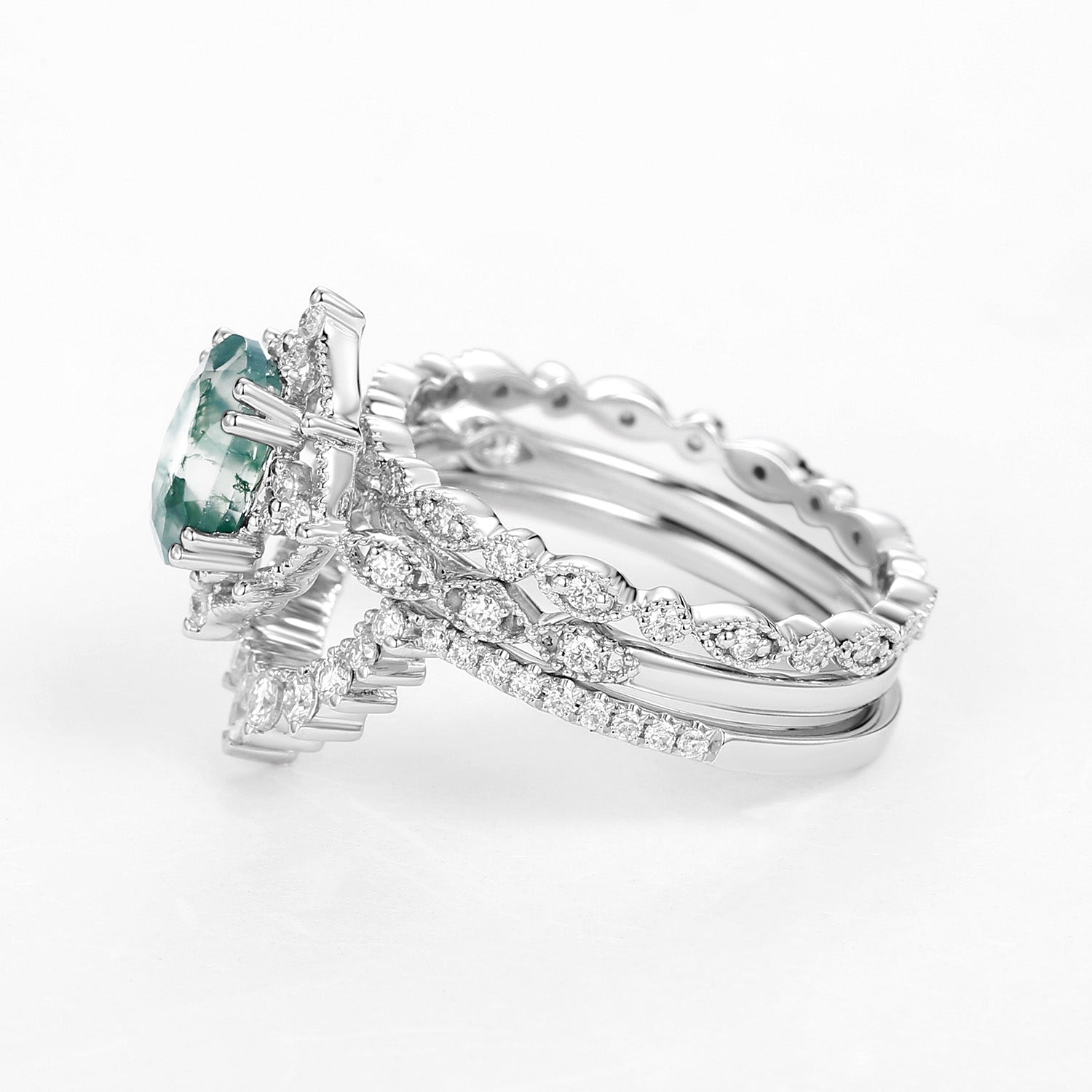 1.5ct Moss Agate Signature Vintage White Gold Ring Set 3pcs
