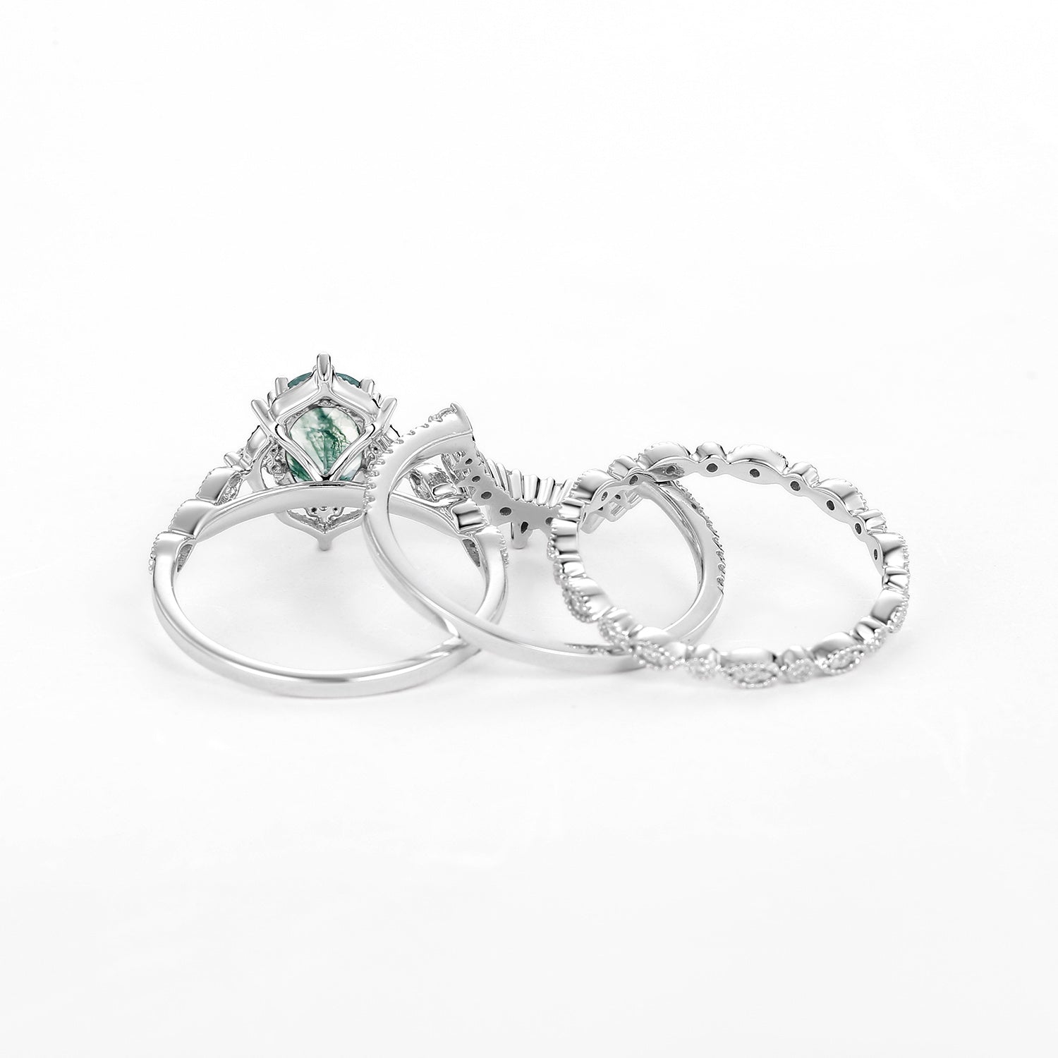 1.5ct Moss Agate Signature Vintage White Gold Ring Set 3pcs
