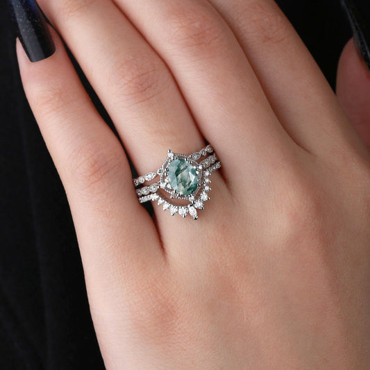 1.5ct Moss Agate Signature Vintage White Gold Ring Set 3pcs