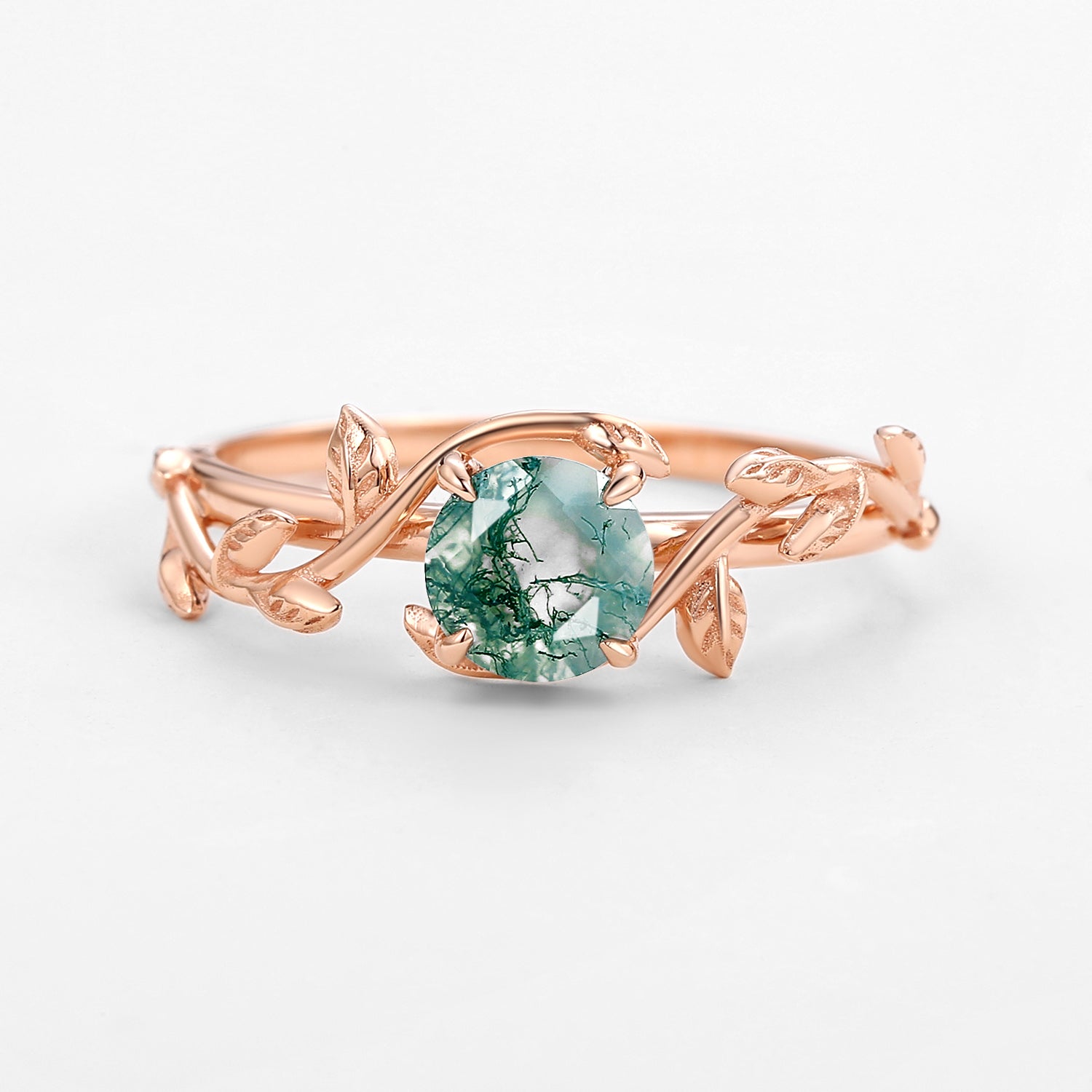 Moss Agate Round Shaped Leaf Vine Engagement Ring