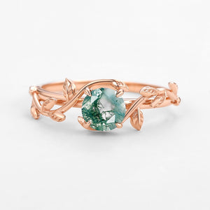 Moss Agate Round Shaped Leaf Vine Engagement Ring