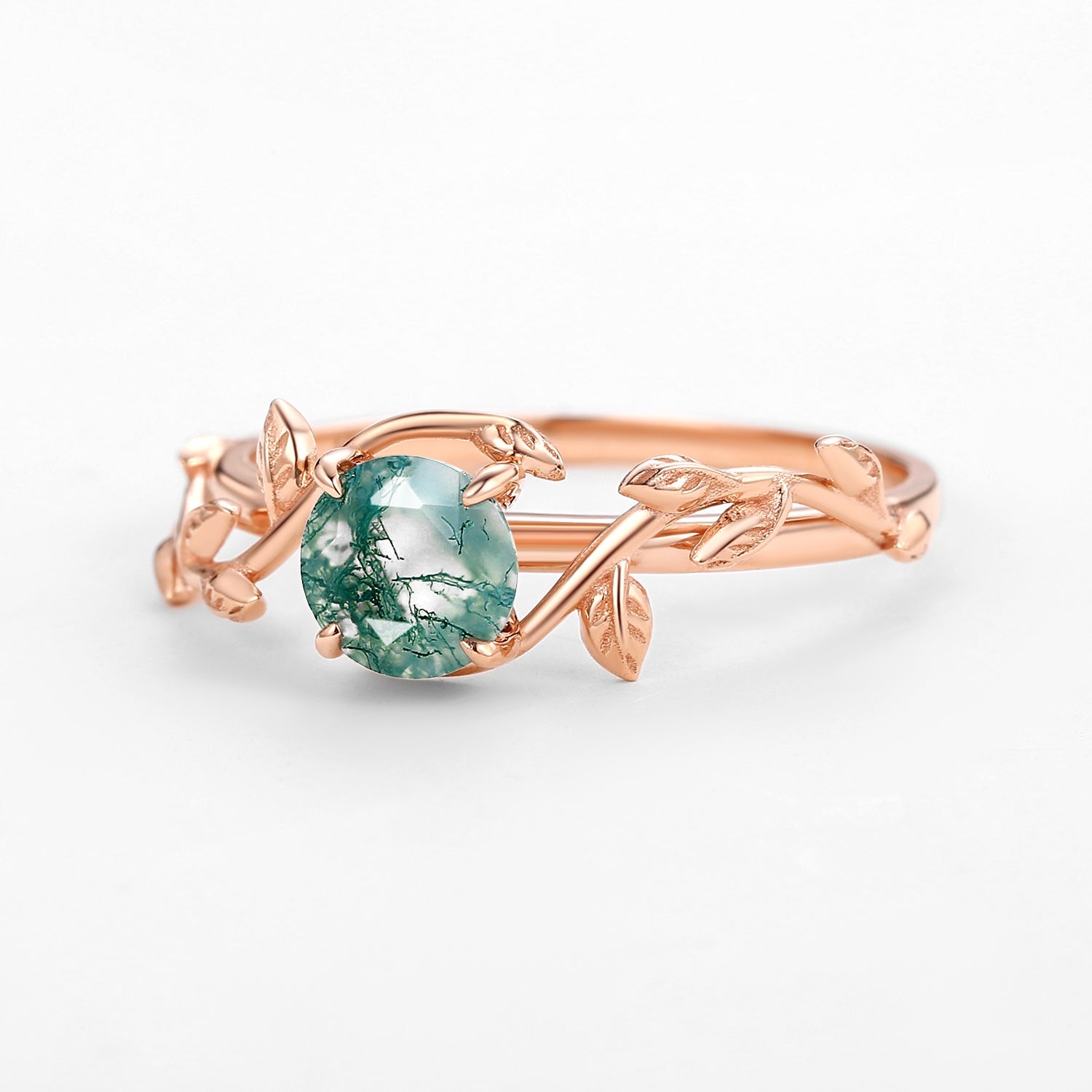 Moss Agate Round Shaped Leaf Vine Engagement Ring
