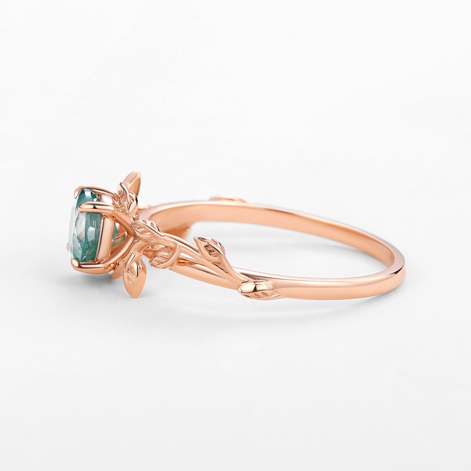 Moss Agate Round Shaped Leaf Vine Engagement Ring
