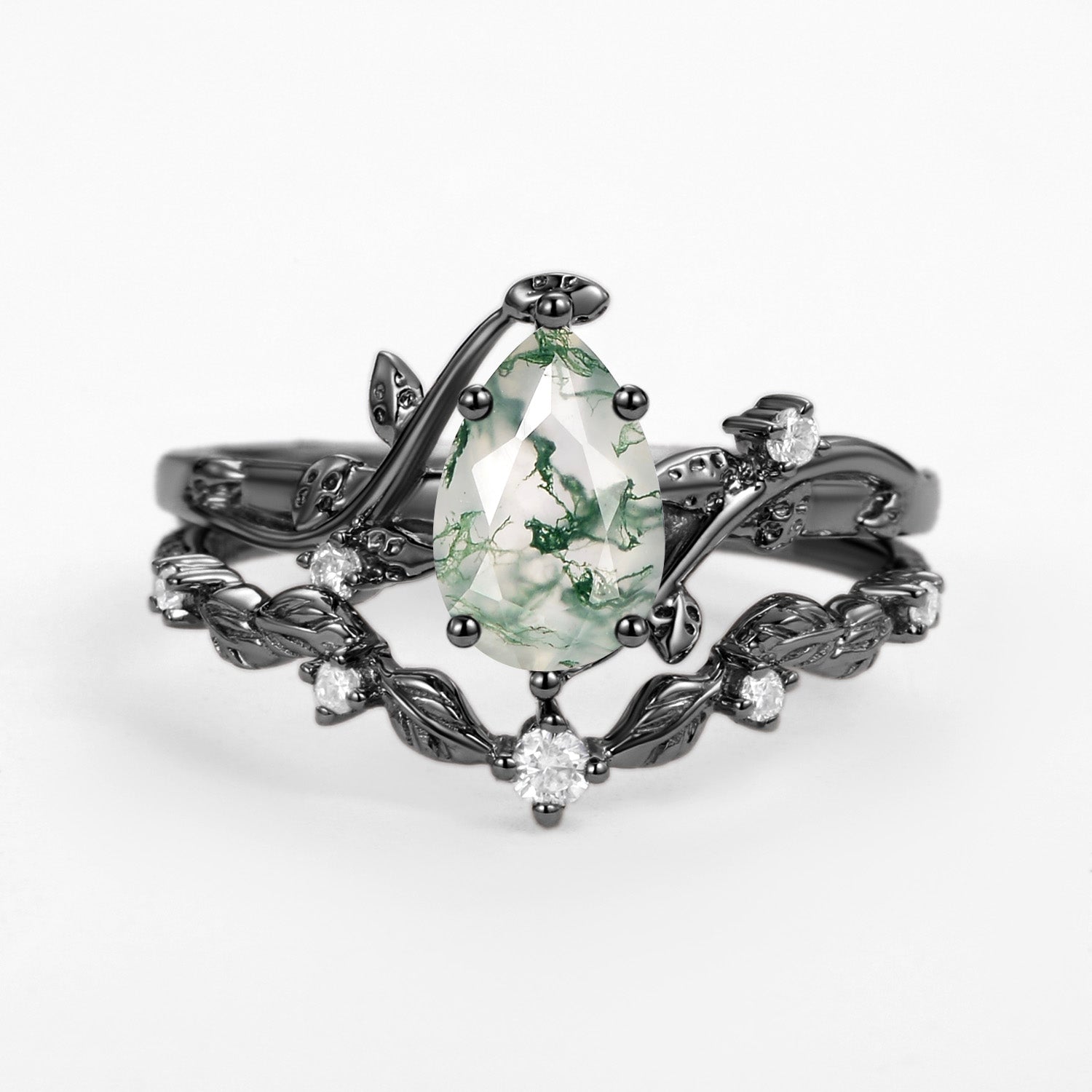 Vine Leafy Pear Cut Moss Agate Engagement Ring Sets 2pcs - Ashley