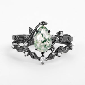 Vine Leafy Pear Cut Moss Agate Engagement Ring Sets 2pcs - Ashley