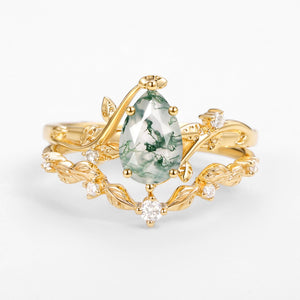 Vine Leafy Pear Cut Moss Agate Engagement Ring Sets 2pcs - Ashley