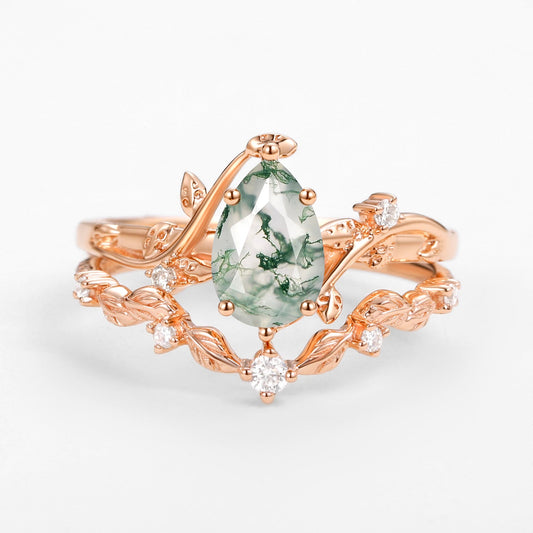 Vine Leafy Pear Cut Moss Agate Engagement Ring Sets 2pcs - Ashley