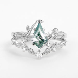 Vine Leafy Kite Cut Moss Agate Engagement Ring Sets 2pcs - Ashley