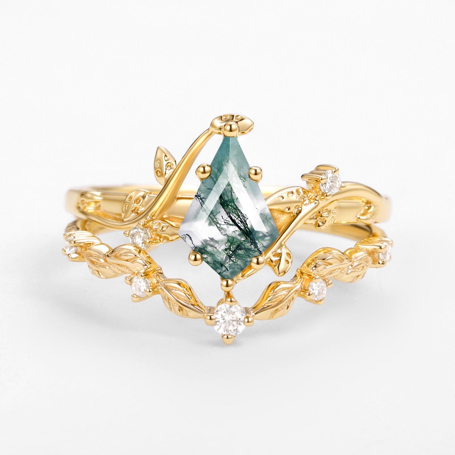 Vine Leafy Kite Cut Moss Agate Engagement Ring Sets 2pcs - Ashley