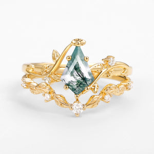 Vine Leafy Kite Cut Moss Agate Engagement Ring Sets 2pcs - Ashley