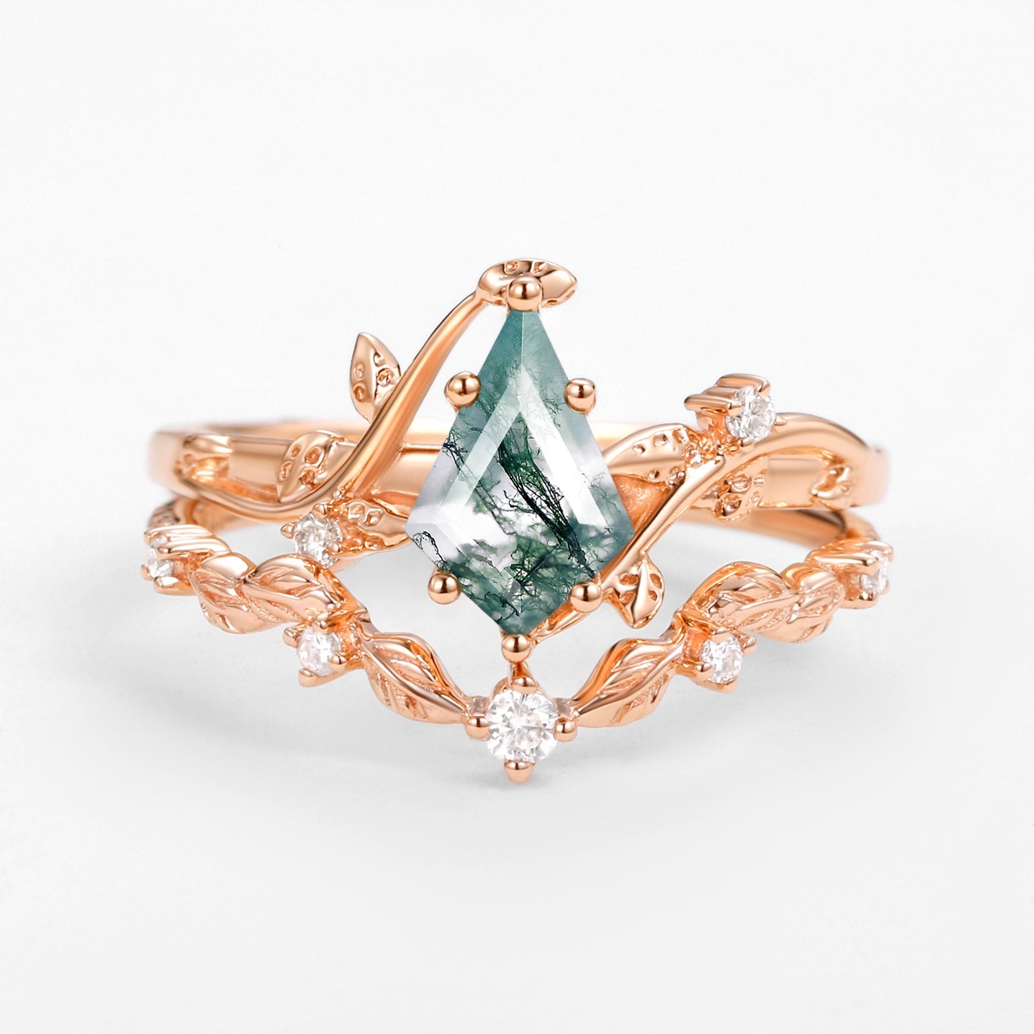 Vine Leafy Kite Cut Moss Agate Engagement Ring Sets 2pcs - Ashley