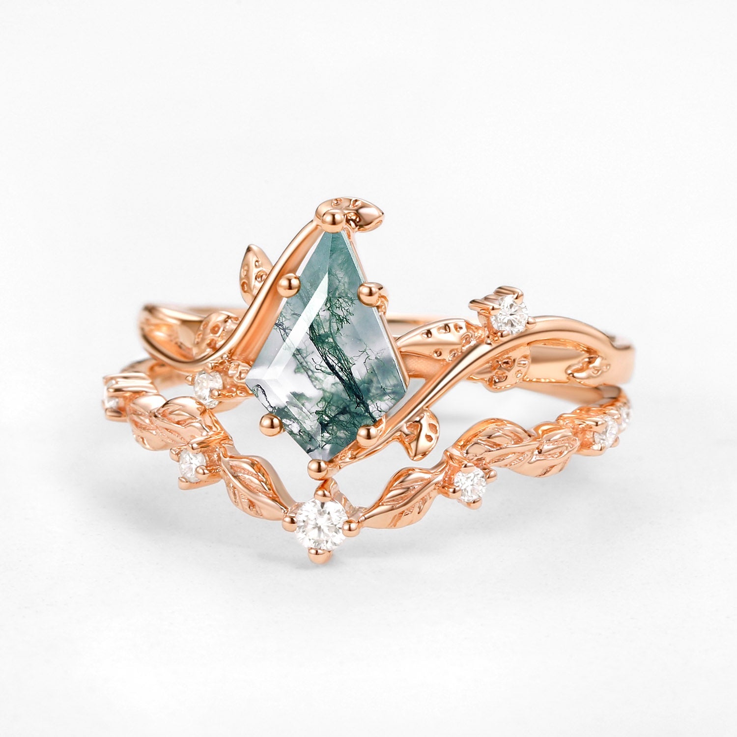 Vine Leafy Kite Cut Moss Agate Engagement Ring Sets 2pcs - Ashley