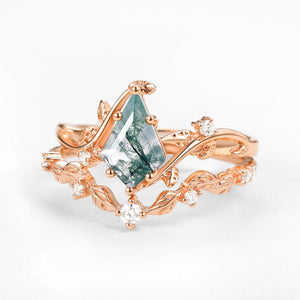 Vine Leafy Kite Cut Moss Agate Engagement Ring Sets 2pcs - Ashley