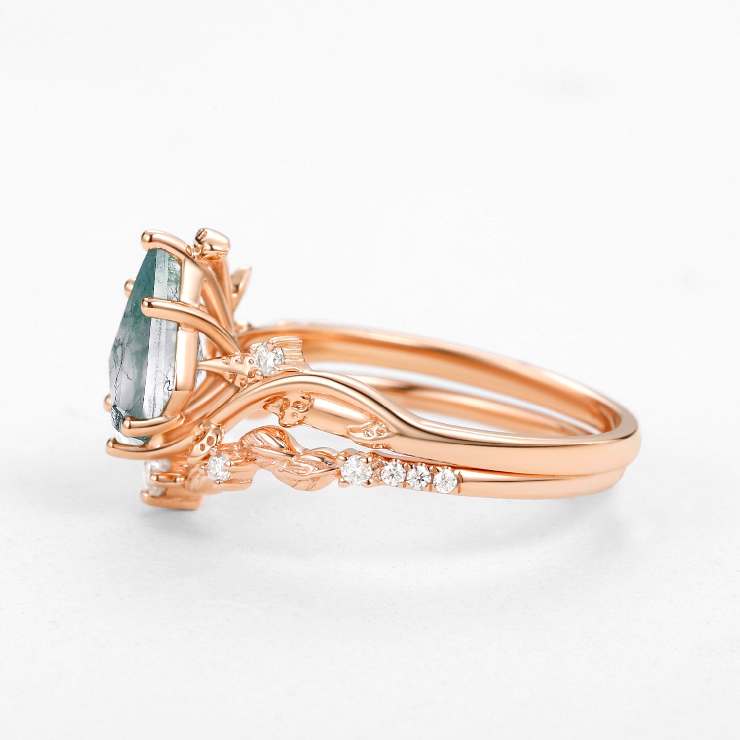 Vine Leafy Kite Cut Moss Agate Engagement Ring Sets 2pcs - Ashley