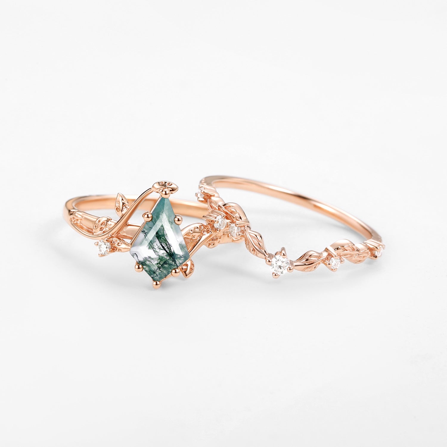 Vine Leafy Kite Cut Moss Agate Engagement Ring Sets 2pcs - Ashley