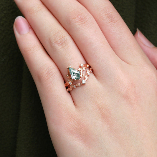 Vine Leafy Kite Cut Moss Agate Engagement Ring Sets 2pcs - Ashley