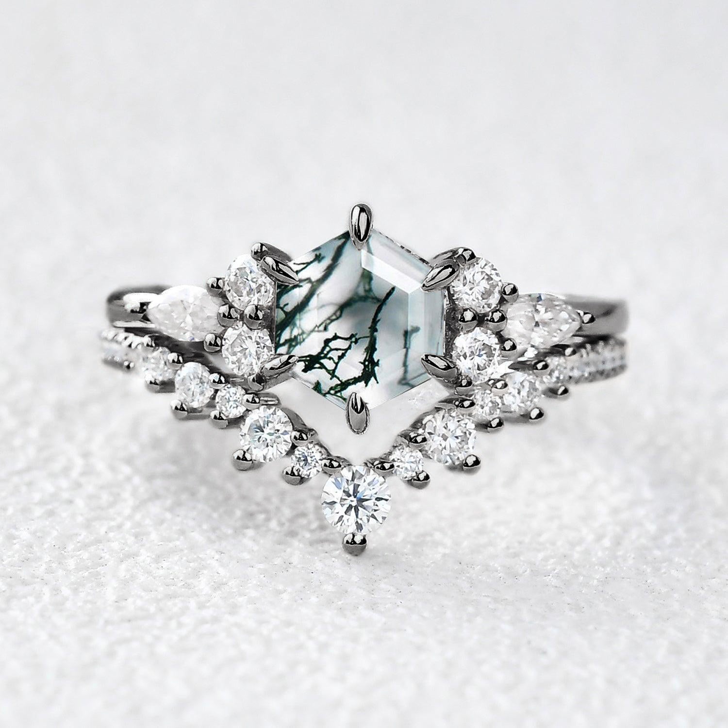 Vintage Hexagon Cut Moss Agate Engagement Ring Set 2pcs - Inaya